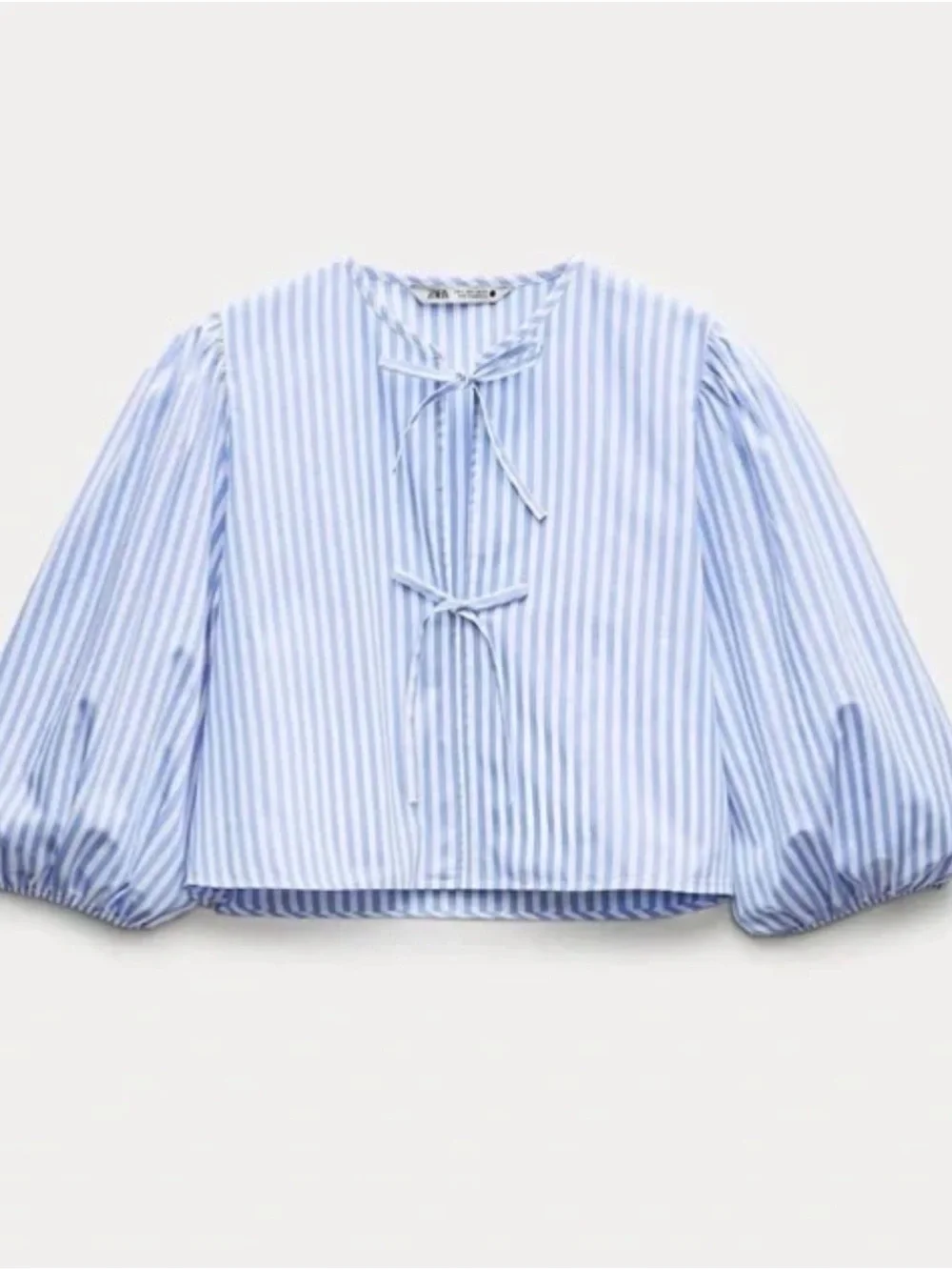 ZARA Blue and White Striped Tie-Front Puff Sleeve Blouse